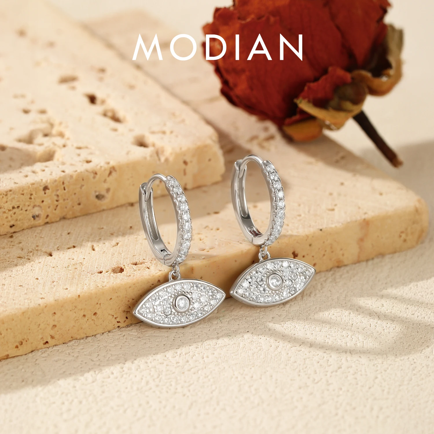 MODIAN 925 Sterling Silver Eye Shape Hoop Ear Buckle Trendy Dazzling Clear CZ Swing Hoop Earrings for Women Luxury Fine Jewelry