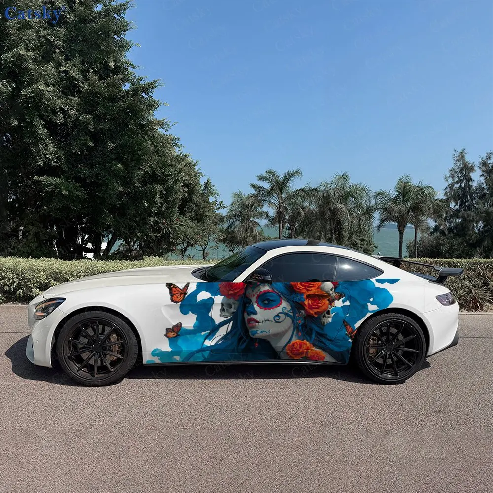 

2pcs Day of the Dead Rose Girl Car Side Wraps, Self-Adhesive PVC Waterproof & Scratch-Resistant Stickers, Car Accessory Gift
