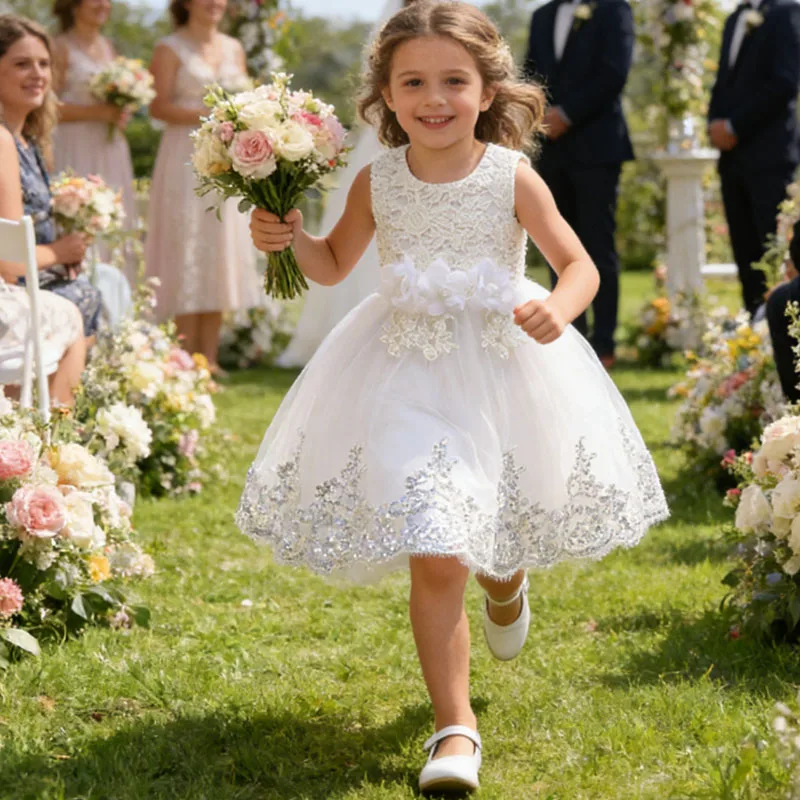 Baby Dresses For Eid 2026 Flower Girls Party Dresses Baby Girls White Christening Princess Dress Elegant Wedding Gown For Girl