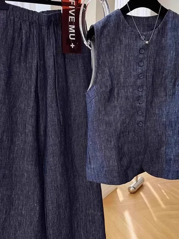 

Комплект из двух предметов: повседневные брюки с высокой талией и жилет без рукавов, большие размеры (до 300 фунтов), деним и лен, высокое качество, для подростков