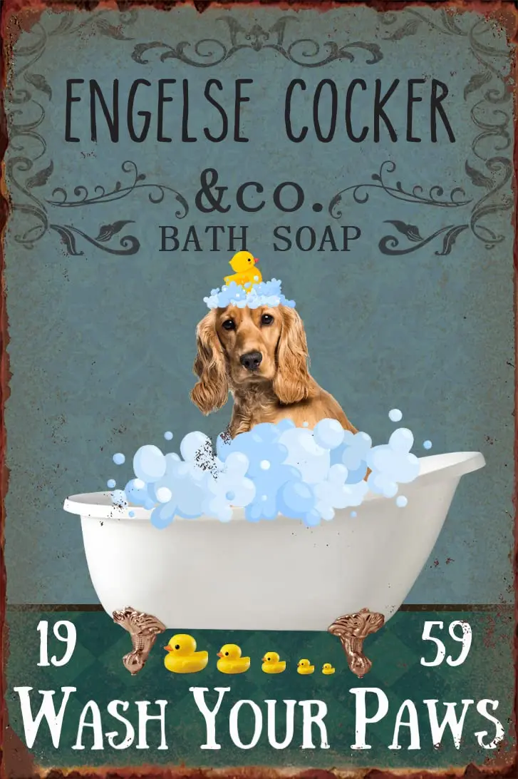 Bathroom Metal Tin Sign Cocker Spaniel Wash Your Paws Wall Decor Metal Plaques for Home Bars,Restaurants,Cafes Pubs 8x12in