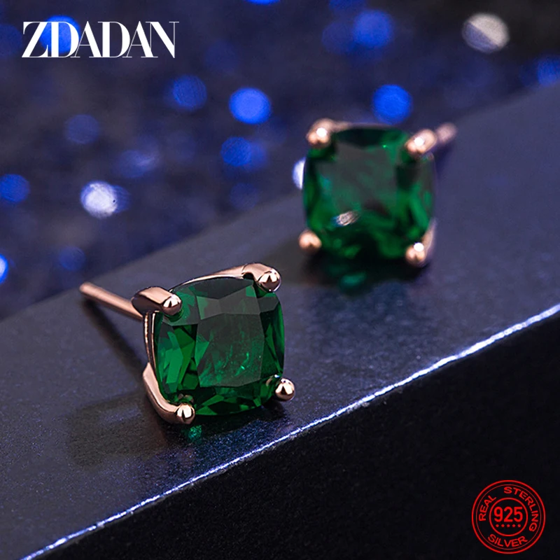 ZDADAN 925 Sterling Silver 7mm Square Emerald Earring For Women Wedding Jewelry