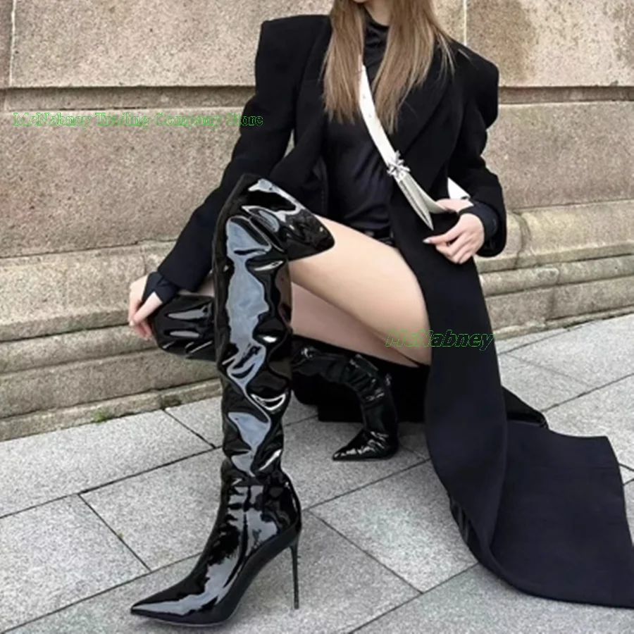 Shiny Leather Over the Knee Boots Retro Fall Pointed Toe High Heel Women Boots Party High Heel Shoes2023 New Zapatos Para Mujere