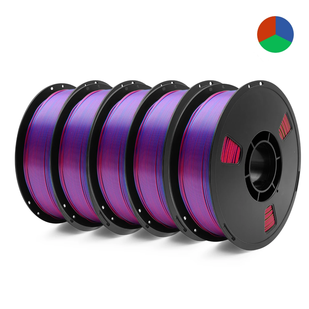 

5KG Tricolor Silk PLA 3D Printer Filament 1.75mm 1kg/spool 3D Printing Material, Color Change by Angle PLA Silk Rainbow, 5 Roll