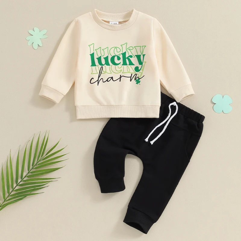 

2023-11-15 Lioraitiin 3M-3Y Baby Boy Spring Outfits Long Sleeve Shamrock Print Sweatshirt + Trousers Set Toddler 2Pcs Clothes