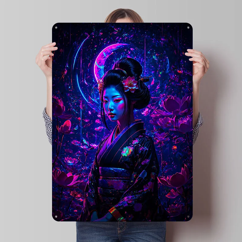 Neon Geisha With Floral Background Japan Metal Poster Metal Signs Wall Art Bedroom Decoration Gaming Pictures Wall Decor Retro