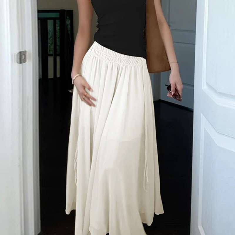 Talenza Solid Pleated Skirt For Women Side Drawstring Elasticated Waist Skirt Summer Fashion Lady Loose Chiffon Elegant Skirts