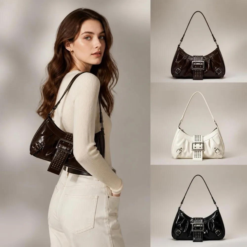 Y2K Retro Pleated Hobo Shoulder Bag PU Leather Rivet Belt Buckle Motorcycle Shoulder Bag Large Capacity Underarm Purse Women
