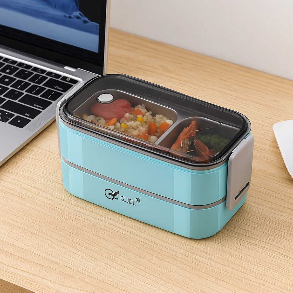 

Portable 304 Stainless Steel 2 Layer Lunch Box Compartments Leak-Proof Food Container Microwavable Food Storage Box Office