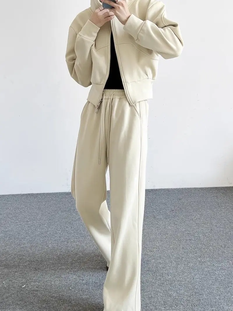 Casual Sports Sets Women  Autumn Trendy Loose Suits Pocket Decoration Hooded Cardigan Sweatshirt Sweatpants 2 Piece Set