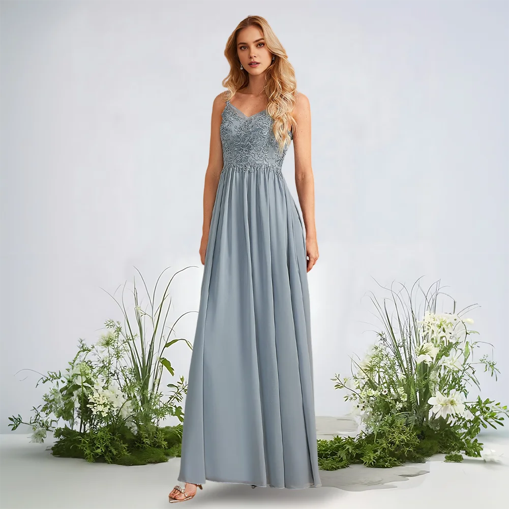 

Dusty Blue Bridesmaid Dresses Wedding 2025 V-Neck Lace Chiffon Ruffle Floor-Length Evening Gown Wedding Party Dress For Elegant