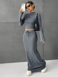 Women Y2K 2 Piece Set Fashion Solid High Turtle Neckline Full Sleeve Slim Top High Waist Skinny Long Skirt Sets Fall Sexy Suit