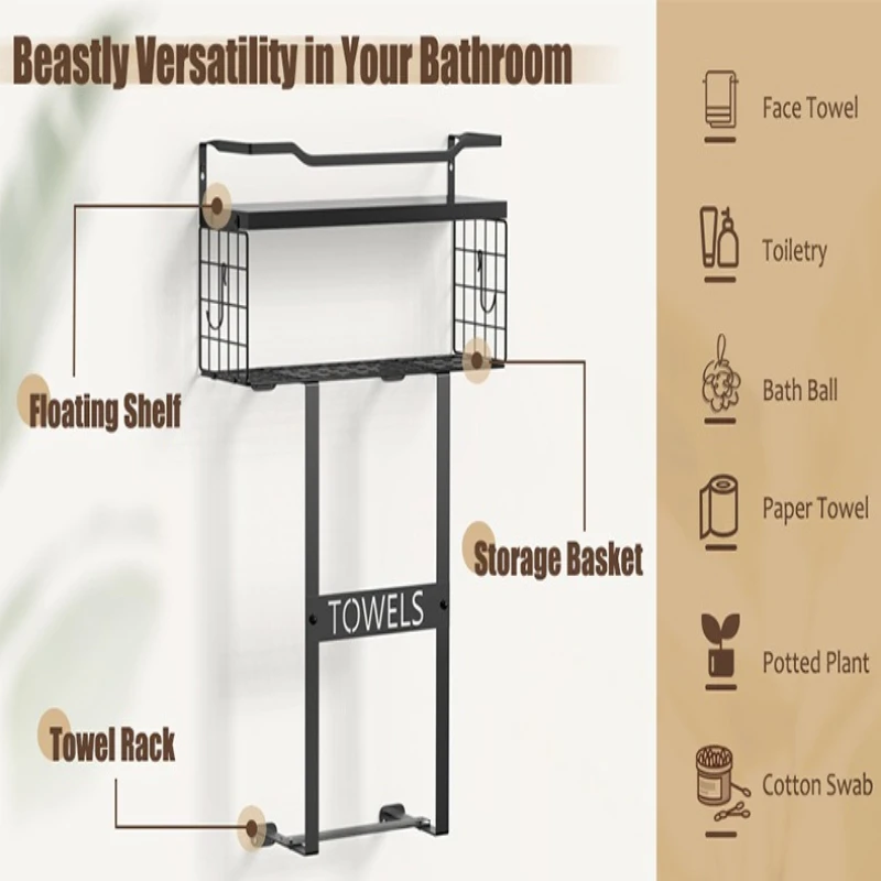 Towel Racks for Bathroom Wall Decor, Bathroom Shelves, Black Minimalist Design Storage Organizer for Large Towels, Spa, Salon