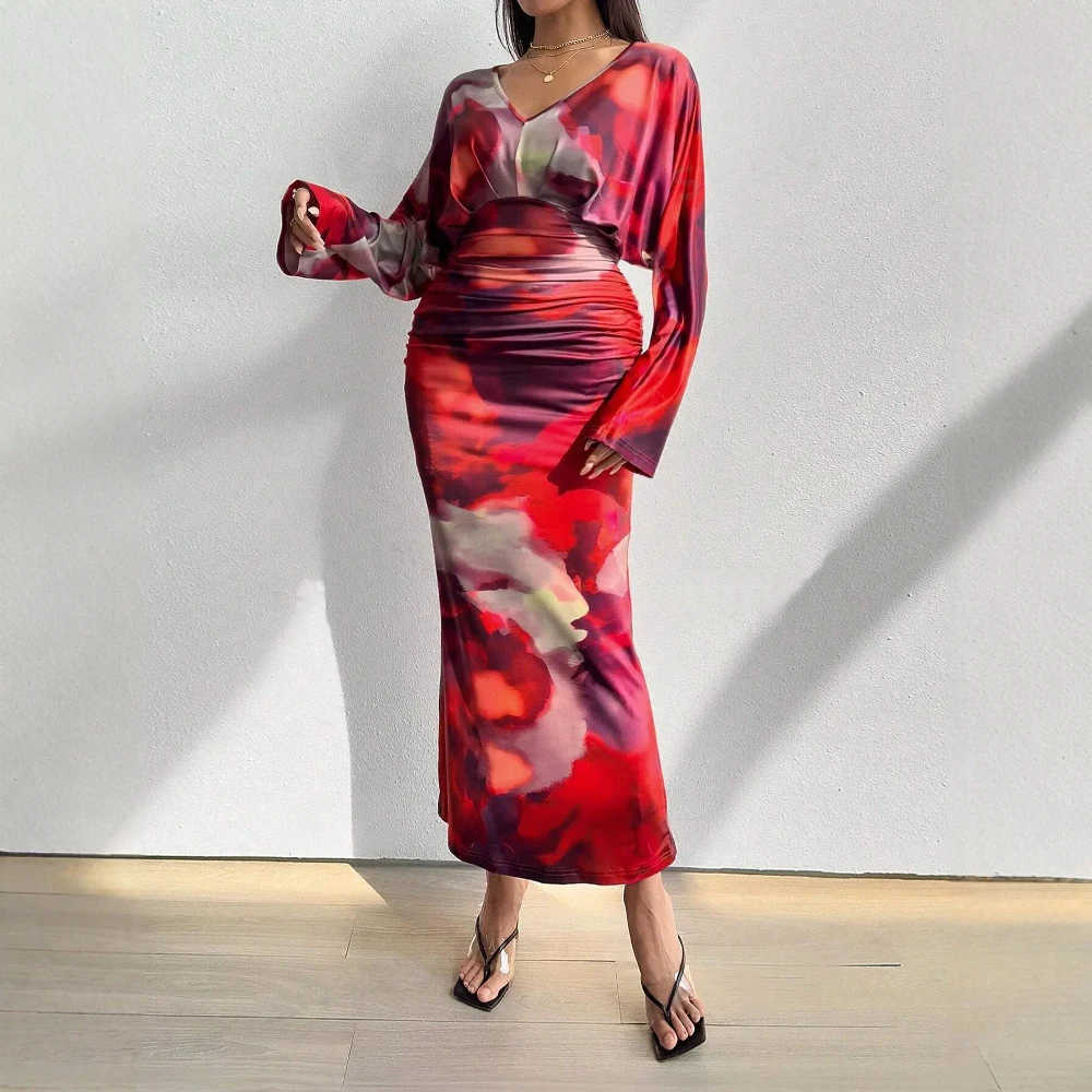 فساتين حريمي خريف 2025 أنيقة متدرجة اللون كتلة كم طويل عميق الخامس الرقبة الخصر طيات ميدي التحول سليم صالح فستان #6