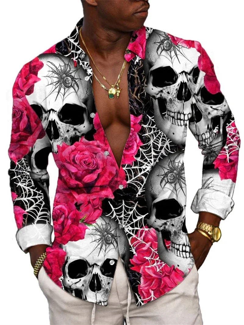 Vintage Rose Skull Graphic Shirts For Men 3D Printed Goth Skeleton Long Sleeves Shirt Men\'s Casual Hip-hop Unisex Clothing