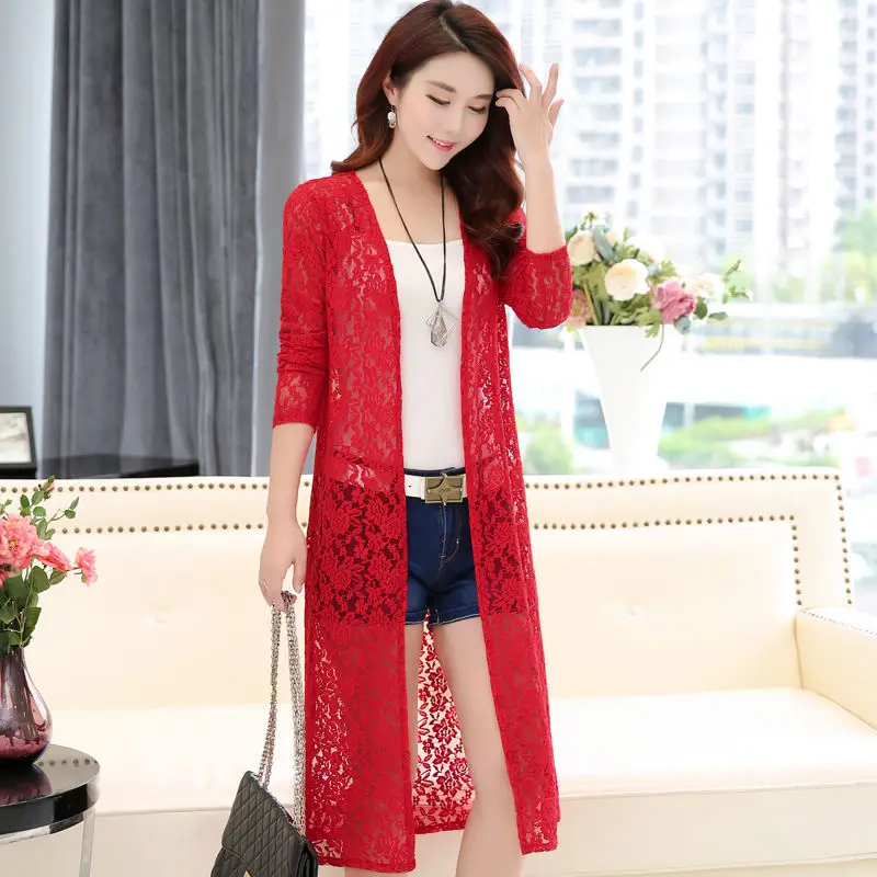 APIPEE Summer Beach Cover Up 3XL Women Floral Lace Kimono Semi Sheer Solid Open Front Long Elegant Cardigan Mujer Tops