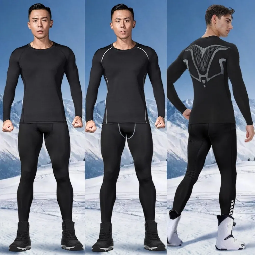 2PCS Set Quick-drying Men's Ski Thermal Underwear Elastic Tight-fitting Fleece Fitness Suit Soft Comfortable Tops Pants Set
