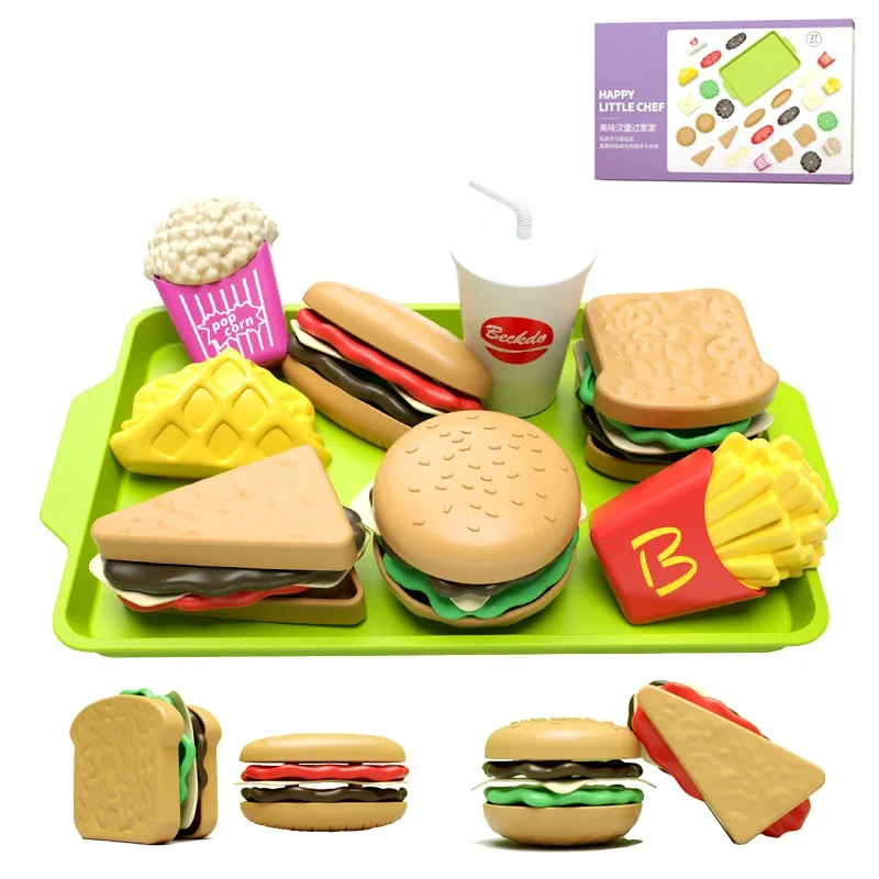 Creative Kitchen Play Set for Kids，Mini Hamburger Assembly Toys with Sandwich & Fries，Educational Pretend Food for Cooking Games