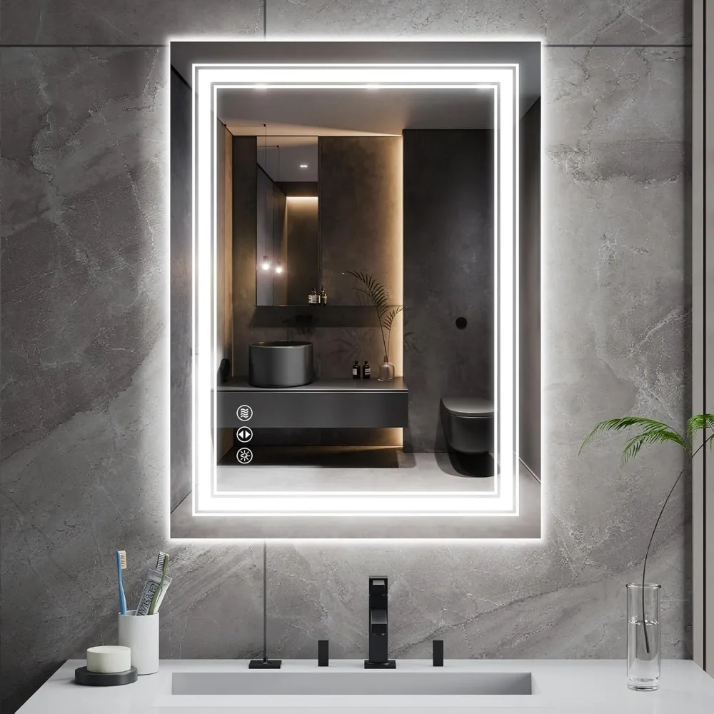 

24"x 32" LED Bathroom Mirror with Front and Backlight, Dimmable Wall Mounted Bathroom Mirror with Anti-Fog, Shatter-Proof