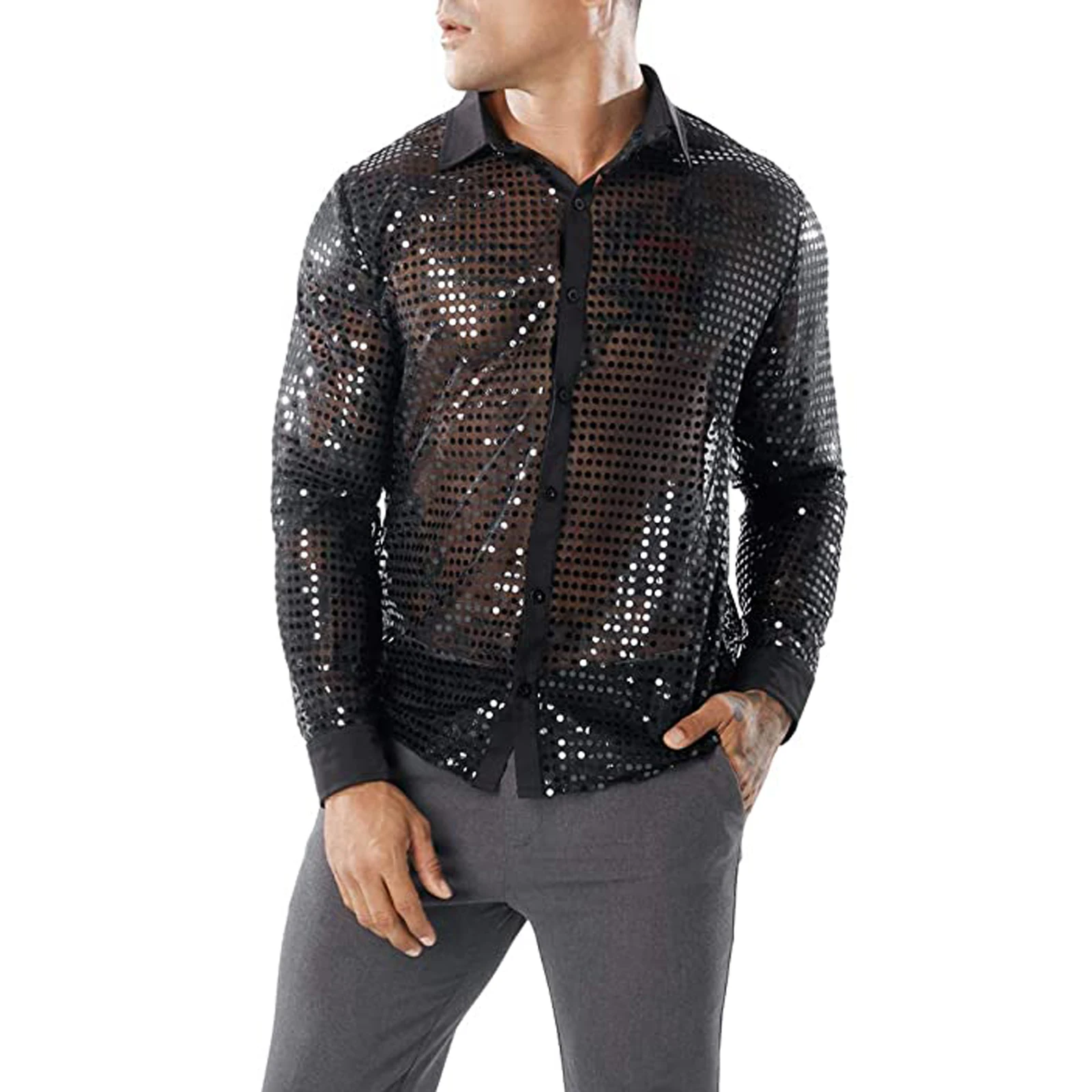 Men's Spring Autumn Sequins Shirt Long Sleeve Turn Down Collar Button Dot Shirt