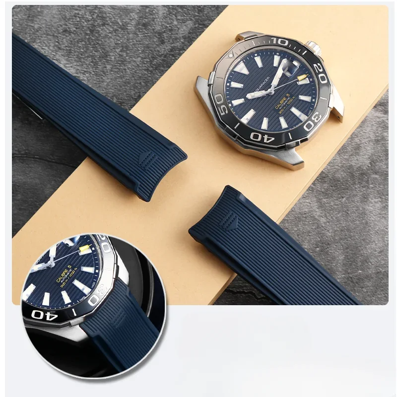 Black Blue Soft Silicone Stripe Watch Strap for Tag Heuer Racing Way101a Series Waterproof Rubber Men 22mm Watchbands