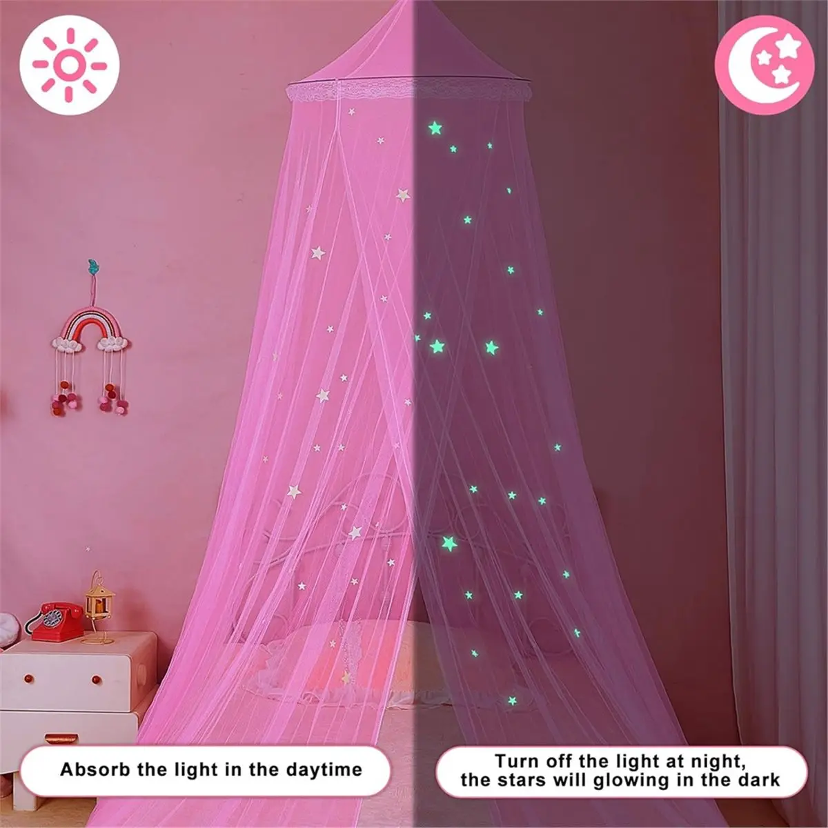 NOCM Bed Canopy for Girls Room Bed Canopy Curtains with Led Lights Mosquito Net DIY Princess Room Decor with Butterflies
