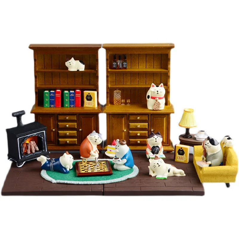 ZAKKA Miniatures Study Bookcase Home Decor Cute Cartoon Cat Retro Desk Gramophone Ornament Crafts Dollhouse Accessories Toy Gift