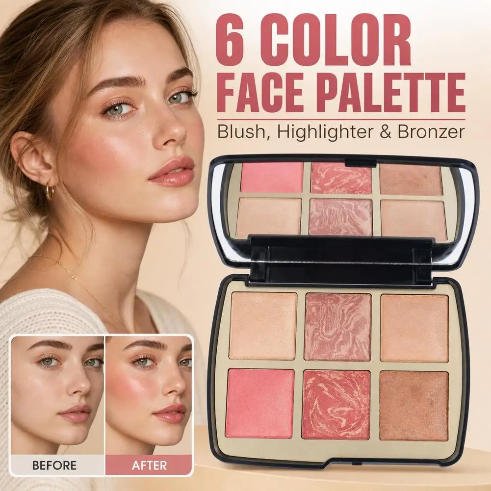 6 Color Face Palette Blush Highlighter Bronzer Contour Powder Baked Marble Glow Cheek Shimmer Brighten Cosmetics With Mirror