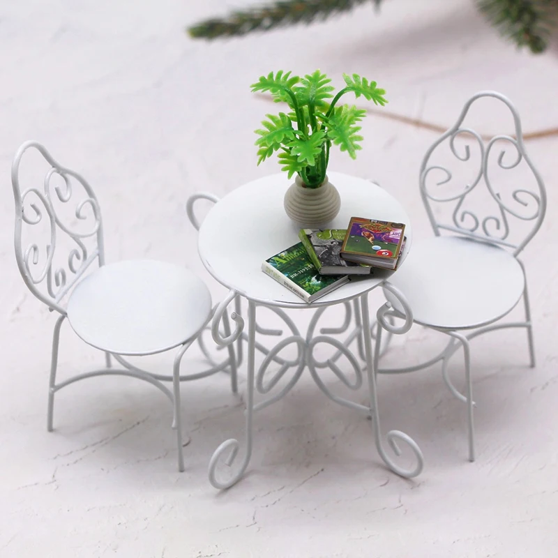 1Set 1:12 Dollhouse Miniature Table Chair Set Iron Art Tea Table Chairs Home Outdoor Garden Model Doll Home Furniture Decor Toy