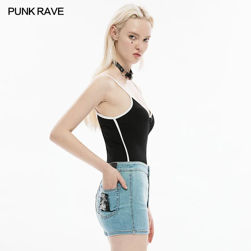 Imagem -02 - Punk Rave Feminino Corvo Escuro Fivela Decorativa Simples Camisola Preto e Branco Contraste Emenda Elástica Casual Topos Verão