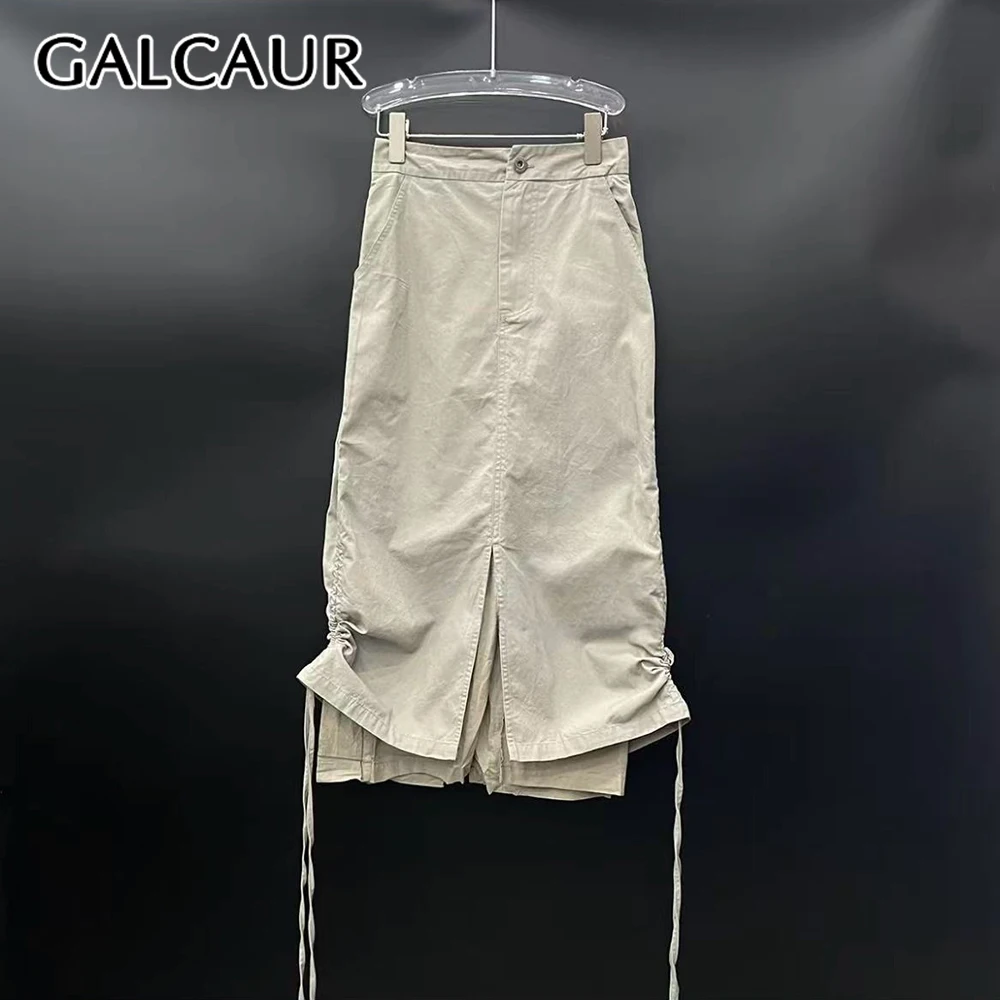 GALCAUR Solid Slimming Spliced Pockets Minimalism Skirt for Women High Waist Patchwork Folds Midi Skirts Female Fashion Style
