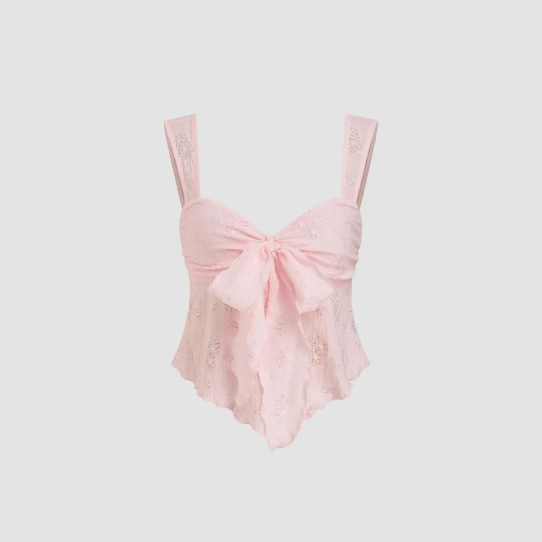 Women Pink Lace Cami Top Sweetheart Neck Bow Front Floral Embroidery Sleeveless Blouse