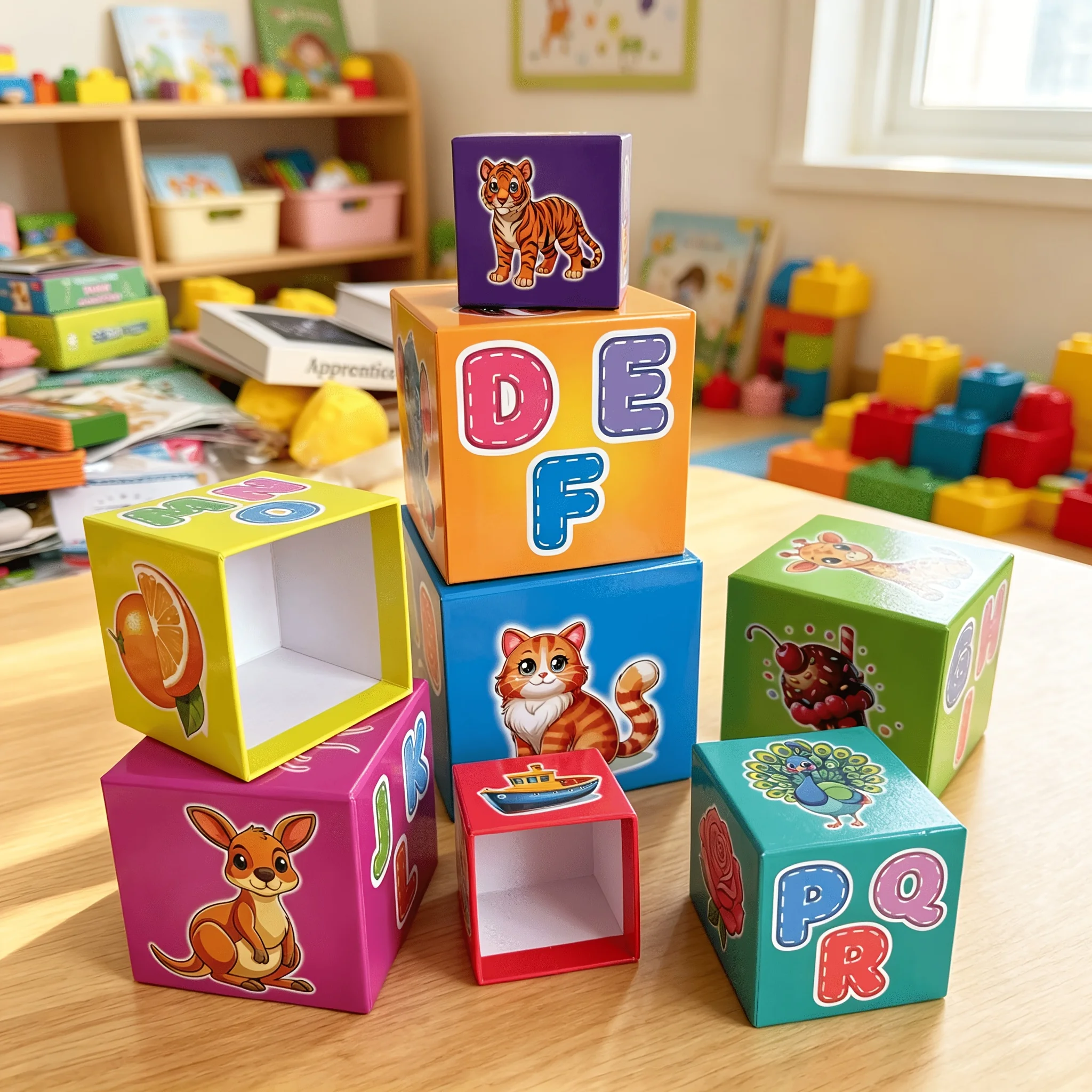 Portable, stackable building blocks featuring letters and patterns to enhance recognition skills and promote hand-eye coordinati