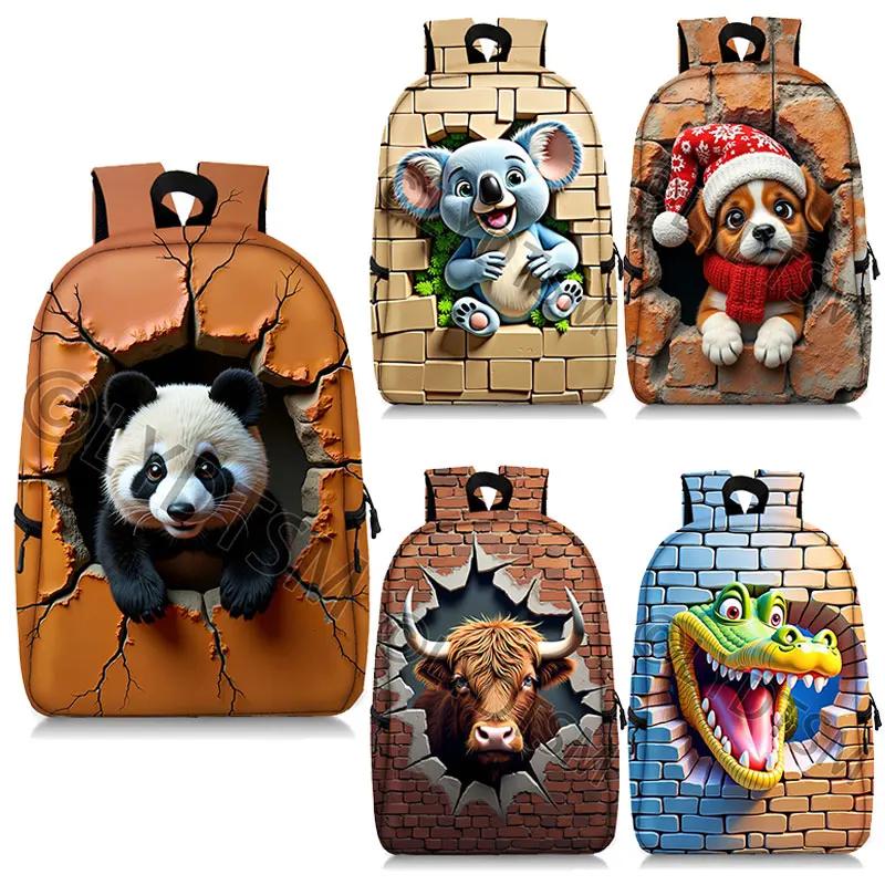 

Cute Animal Breaking The Wall Print Backpack Cat Dog Panda Women Men Rucksack Children School Bag for Teenager Laptop Bag