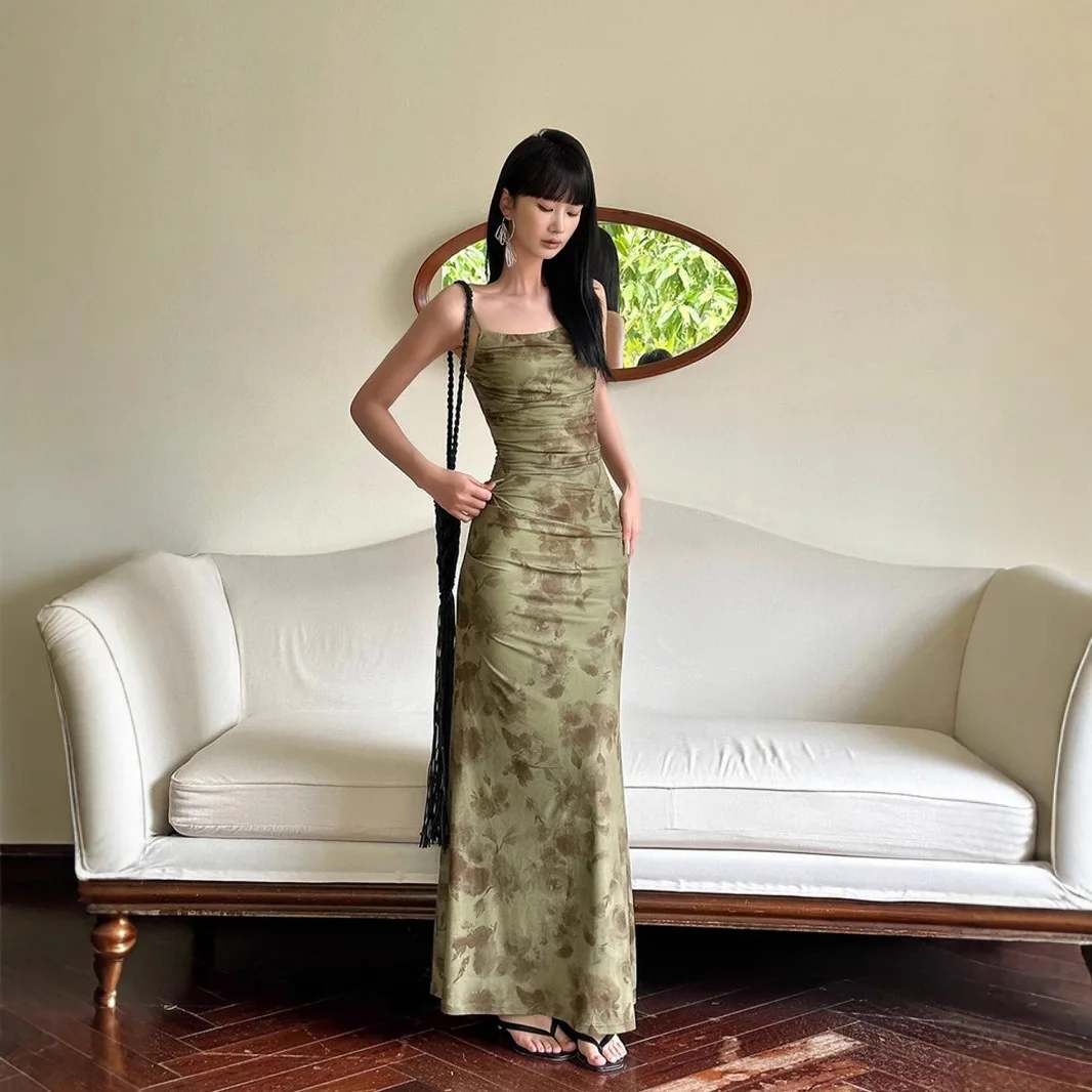 2026 New Elegant Chinese Style Green Floral Mesh Slip Dress Women Waist Tight Hip Fitting Mermaid Long Skirt Summer Slim Dress