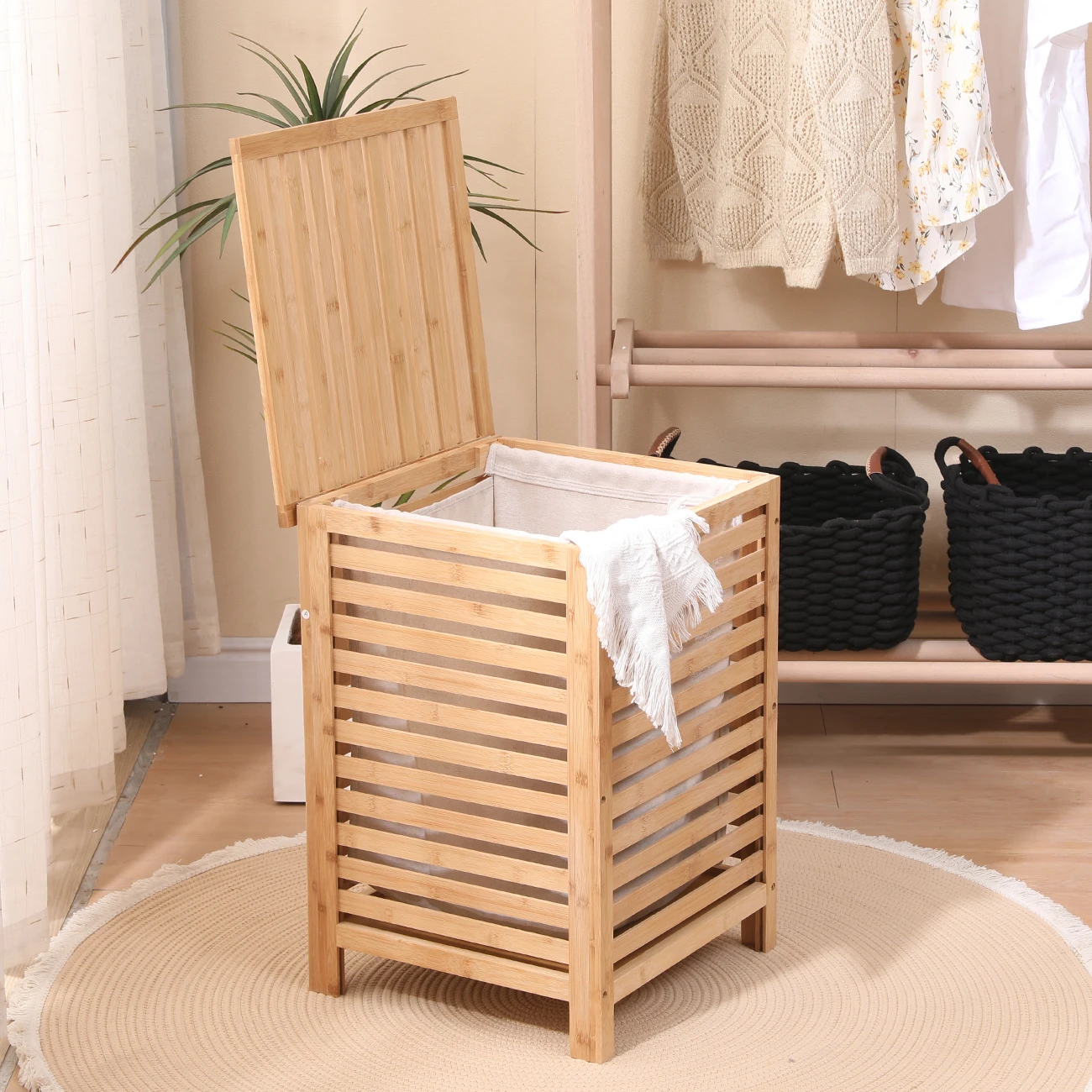 

79L Large Laundry Basket With Lid, Bamboo Laundry Hamper With Removable Liner Bag, Slim Laundry Baskets Sorter For Laundry Room,