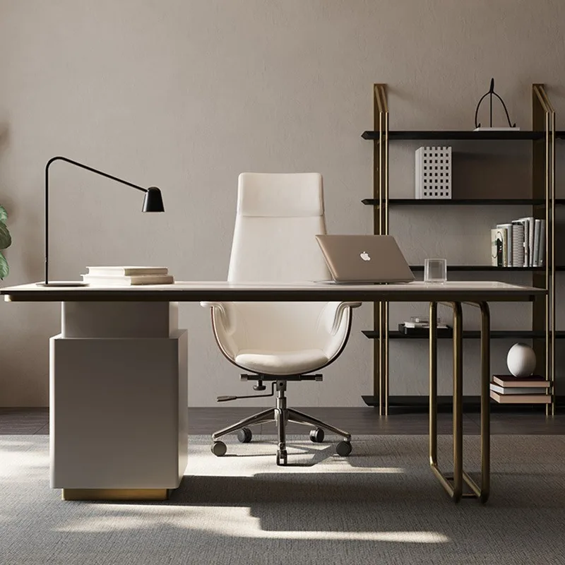 Luxury Italian Minimalist Rock Slate Desk Bookshelf Combo, Integrated Computer Office Table Simple Household Study Furniture