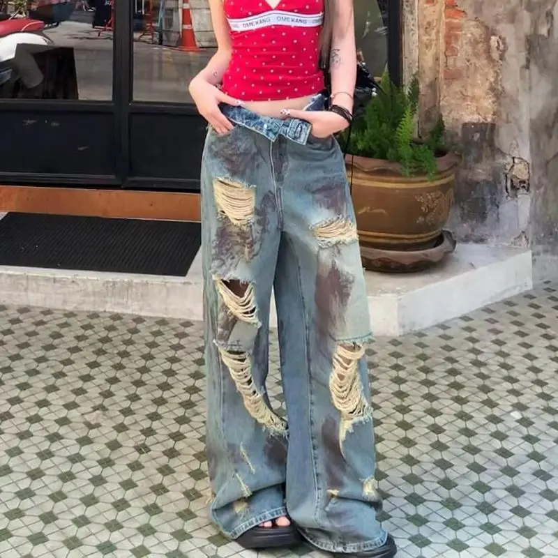 

Vintage Distressed Wide Leg Jeans for Women Spicy Girl High Waist Loose Y2k Fit Slimming Straight Leg Pants Floor Length Pants