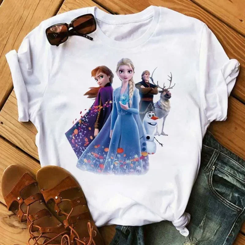 Women's Fashion Design Frozen Elsa Princess Fun Cartoon Anna Princess Pattern Summer T-Shirt Harajuku Street Casual Short Sleeve