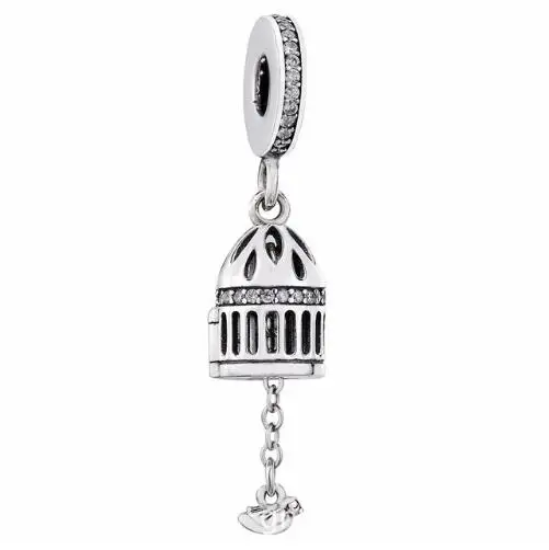 Genuine 925 Sterling Silver Charm Vintage Openwork Birdcage Floating Bird Bead Fit pandora Bracelet & Necklace Diy Jewelry