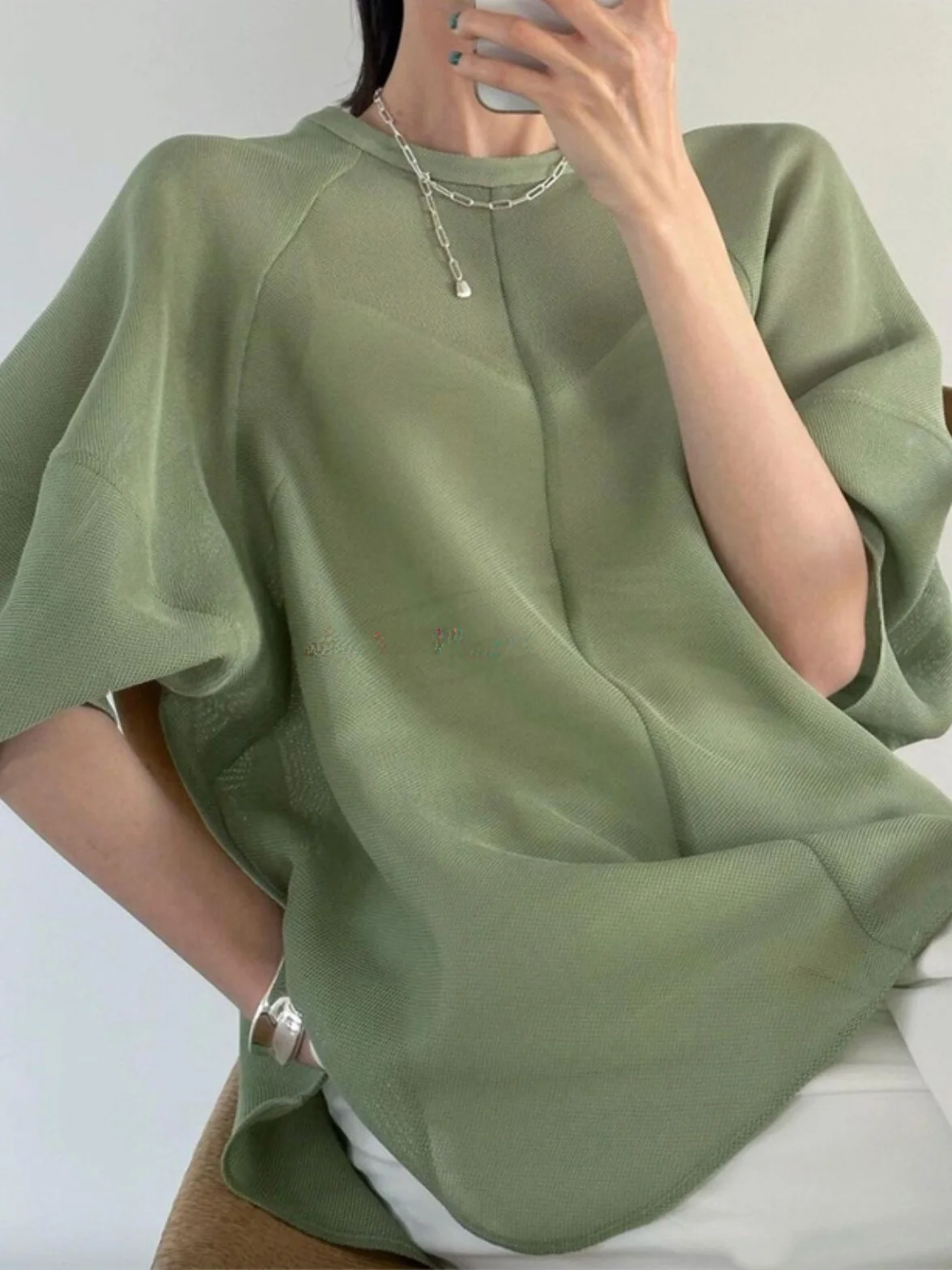 

Elegant C1ane Lace Lantern Sleeve Patchwork Design Sensation Shirt Pure Color Sweet Style round Neck Nine Sleeve Loose Fit