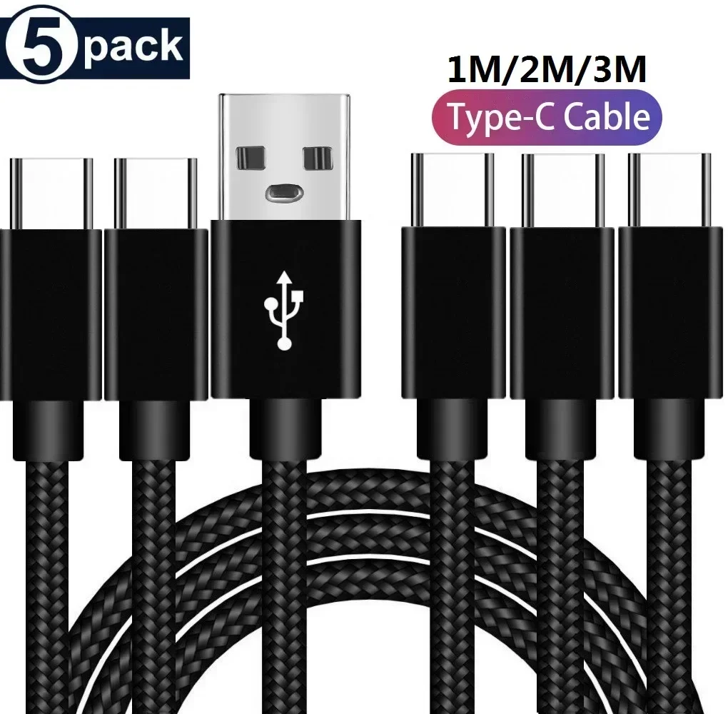 5Pack 1M 2M 3M Quick Charging Fabric Nylon Type c USb-C Charging Cable Cables For Samsung s21 s22 S23 S24 htc lg Android phone