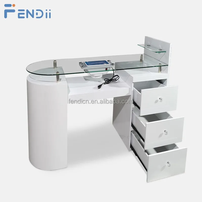 Wooden Manicure Table, Glossy Wood with Gold Accents Modern Nail Desk, Dust Collector Nail Table, Commercial Salon Nail Station