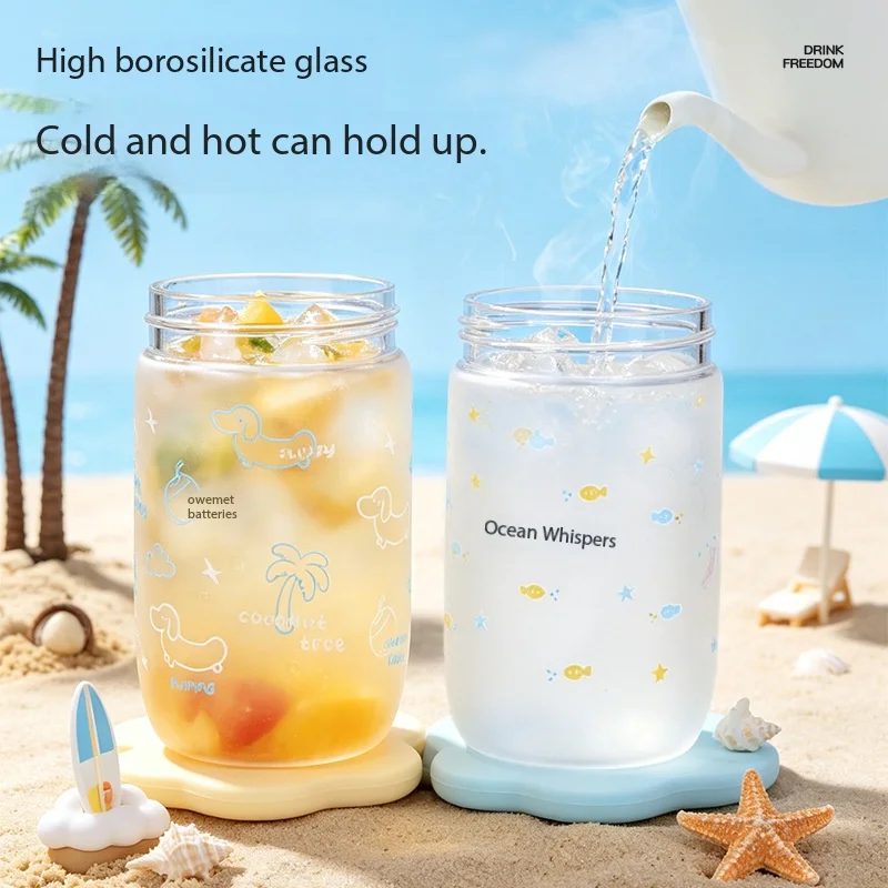 Glass cup for girls, high-looking straw for students, high temperature resistant , borosilicate water cup for outings, new style