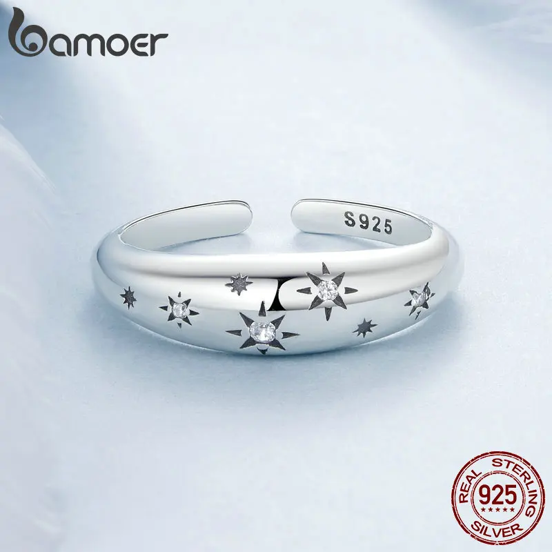 BAMOER 925 Sterling Silver Chunky Rings for Women Starry Adjustable Bold Thick Statement Rings for Women Minimalist Rings