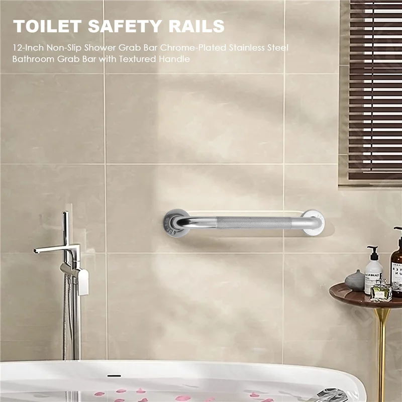 F-F 12-Inch Non-Slip Shower Grab Bar Chrome-Plated Stainless Steel Bathroom Grab Bar With Textured Handle