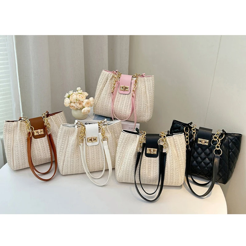 

Chic Hand Straw Woven Tote Bag Stylish Women Handbag Shoulder Bag with Chain Leather Shoulder Strap Fashion Shopping Travel Bag
