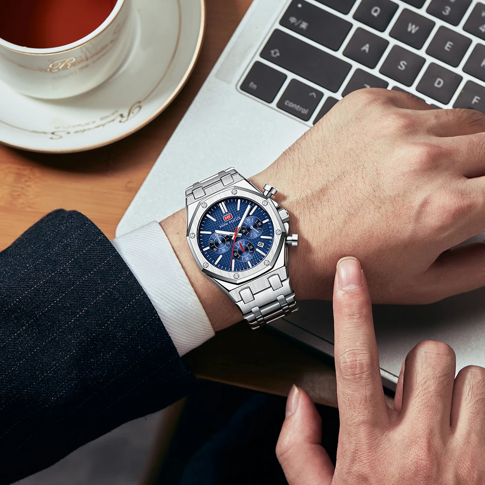 MINI FOCUS Fashion Sports Quartz Watch for Men Multifunctional Dial Calendar Stainless Steel Strap Waterproof Mens Watches 0609G