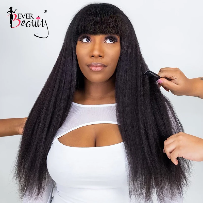 

Kinky Straight Wigs For Women Coarse Yaki Human Hair Wig With Bangs 250 Density Machine Made Wig Brazilian Virgin Ever Beauty