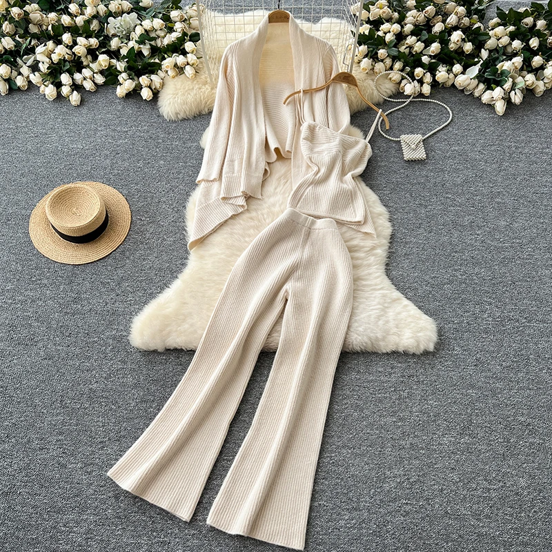 Fashion Warm 2-piece Set Lapel Neck Lace Up Slim Coat+Sling Inner Tops+High Waist Wide Leg Pants Women Knit Autumn Winter Suits